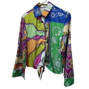 SJ Style Boutique Floral Geometric Shirt Women's Button Down Polyester Size S
